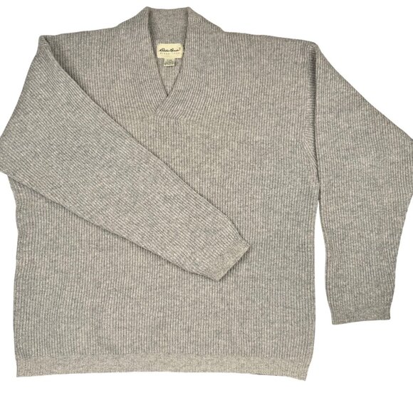 Eddie Bauer XXL Mens Gray Wool Sweater Ribbed V-Neck Hong Kong Winter Vintage - Picture 1 of 16